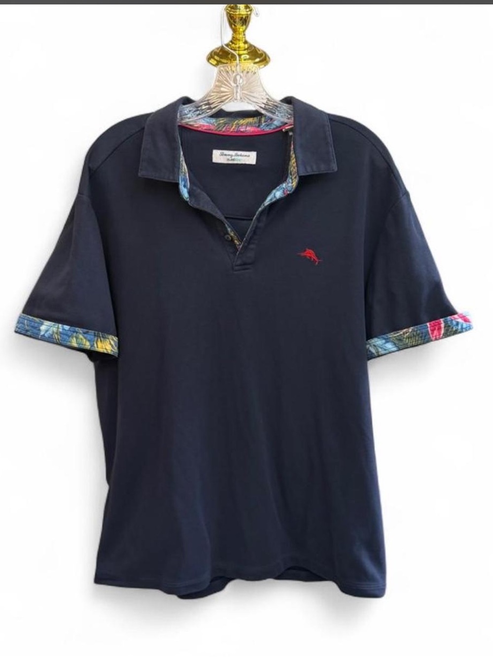 Tommy Bahama IslandZone Men's Large Navy Blue Polo Tropical Floral Trim Marlin